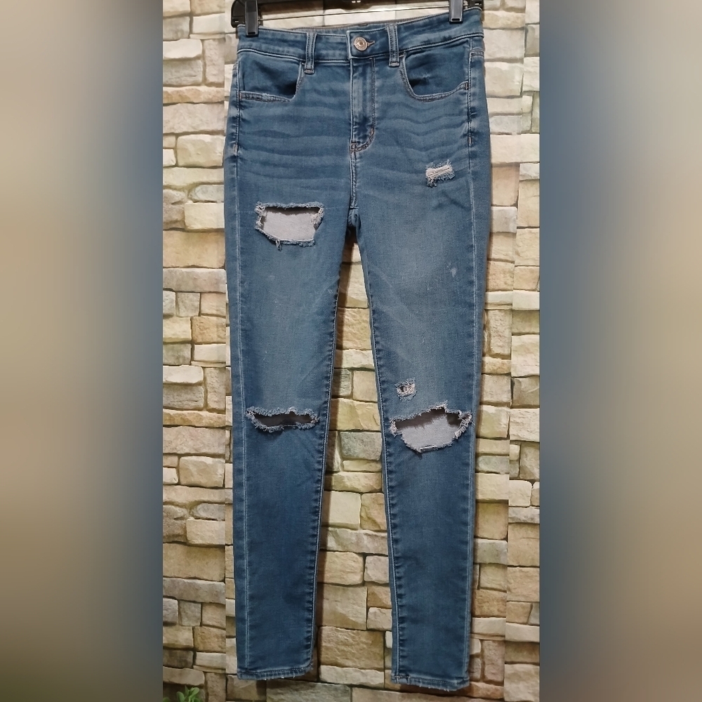 AMERICAN EAGLE Outfitters Distressed Blue Jeggings Jeans Next Level Stretch 6R